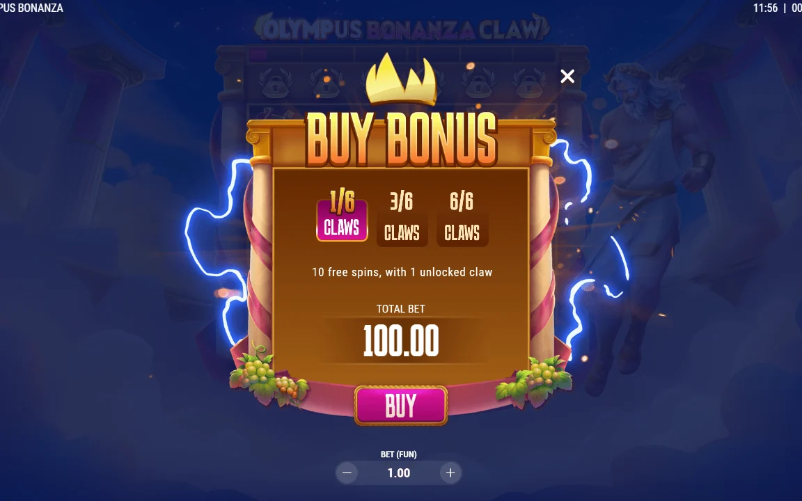 Buy Bonus-menuen i Olympus Bonanza Claw med tre trin og TOTAL BET 100,00