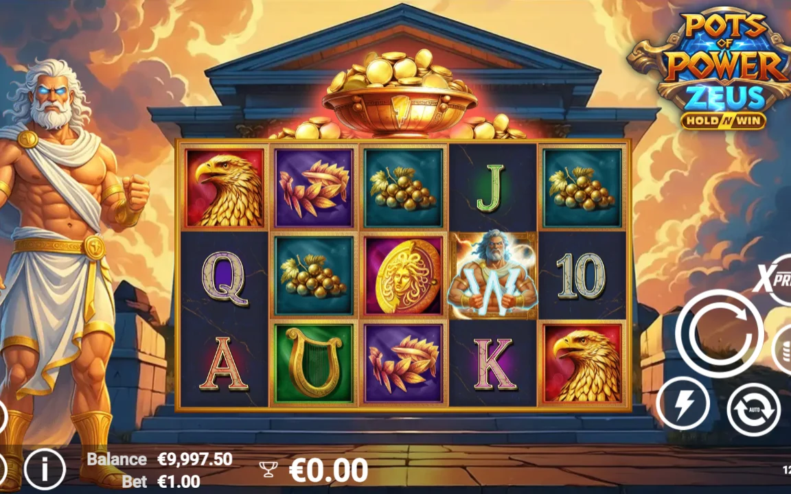 Grundspil i Pots of Power: Zeus med Zeus-Wild og gyldne symboler