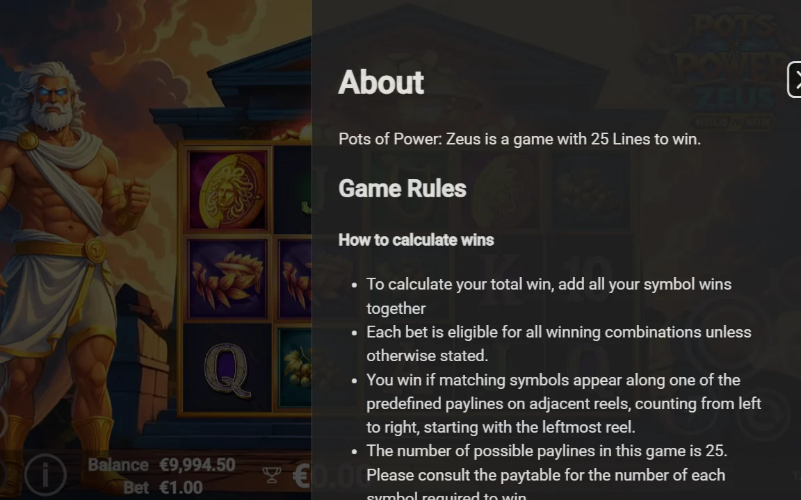 Regelpanel (About) i Pots of Power: Zeus
