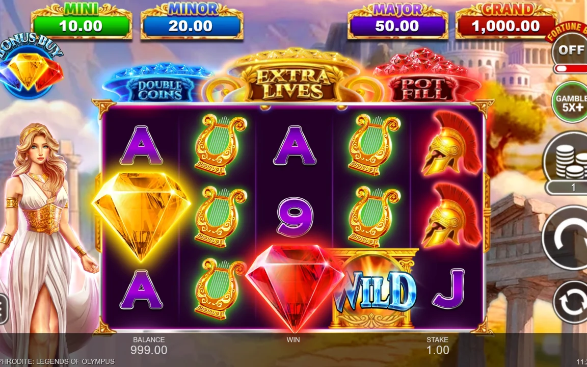 Basisspil i Aphrodite: Legends of Olympus med jackpot-stigen over hjulene