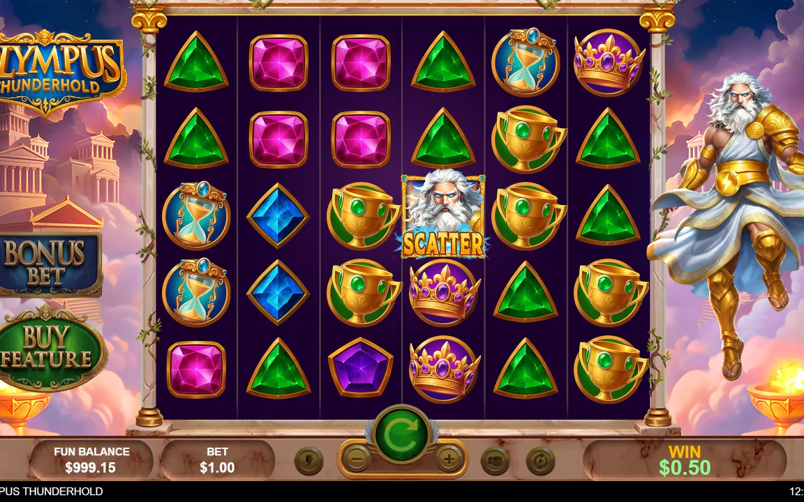 Grundspillet i Olympus Thunderhold med Bonus Bet og Buy Feature i venstre side