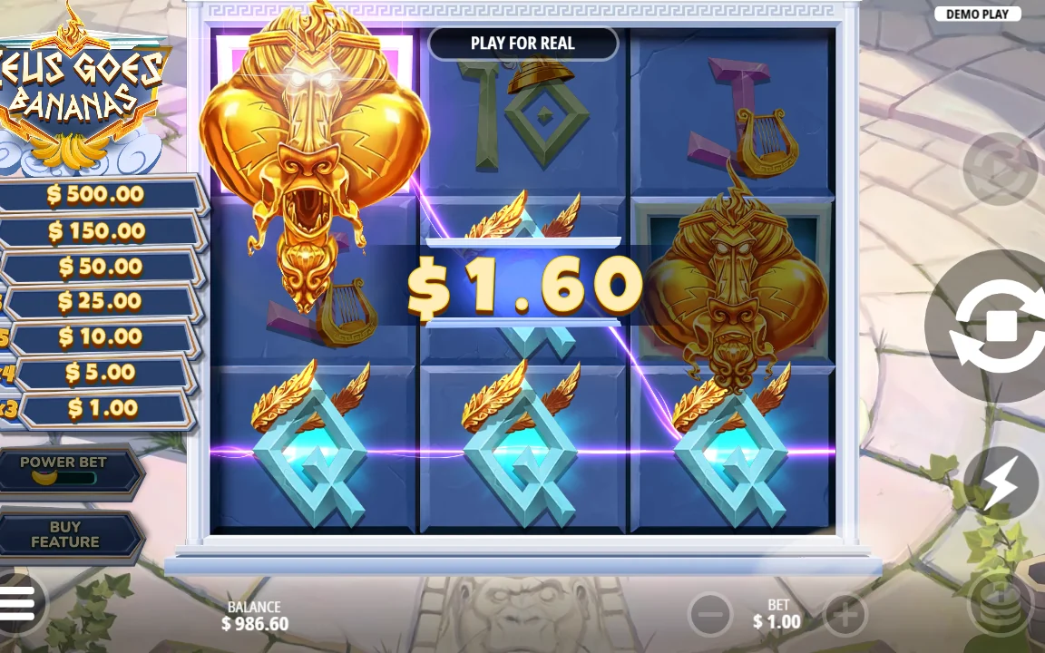 Gevinst på 1,60 i Zeus Goes Bananas