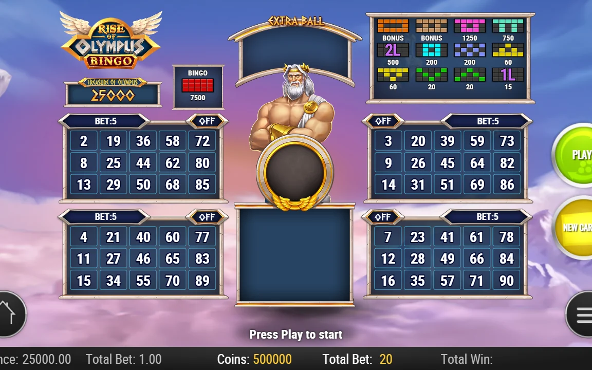 Rise of Olympus Bingo før spillet startes med præmietavlen og fire bingokort