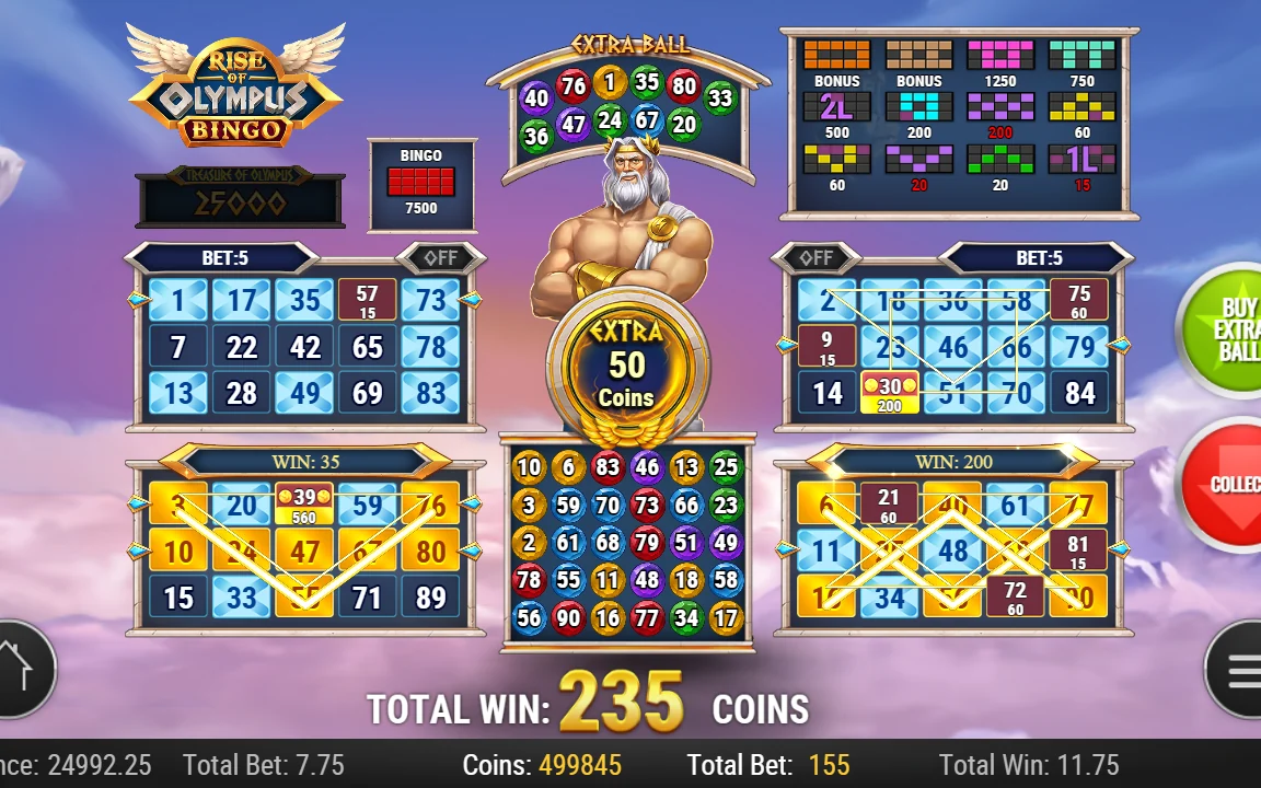 Buy Extra Ball til 50 mønter i Rise of Olympus Bingo