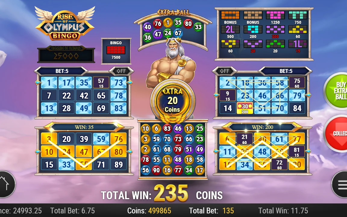 Rise of Olympus Bingo med en samlet gevinst på 235 mønter